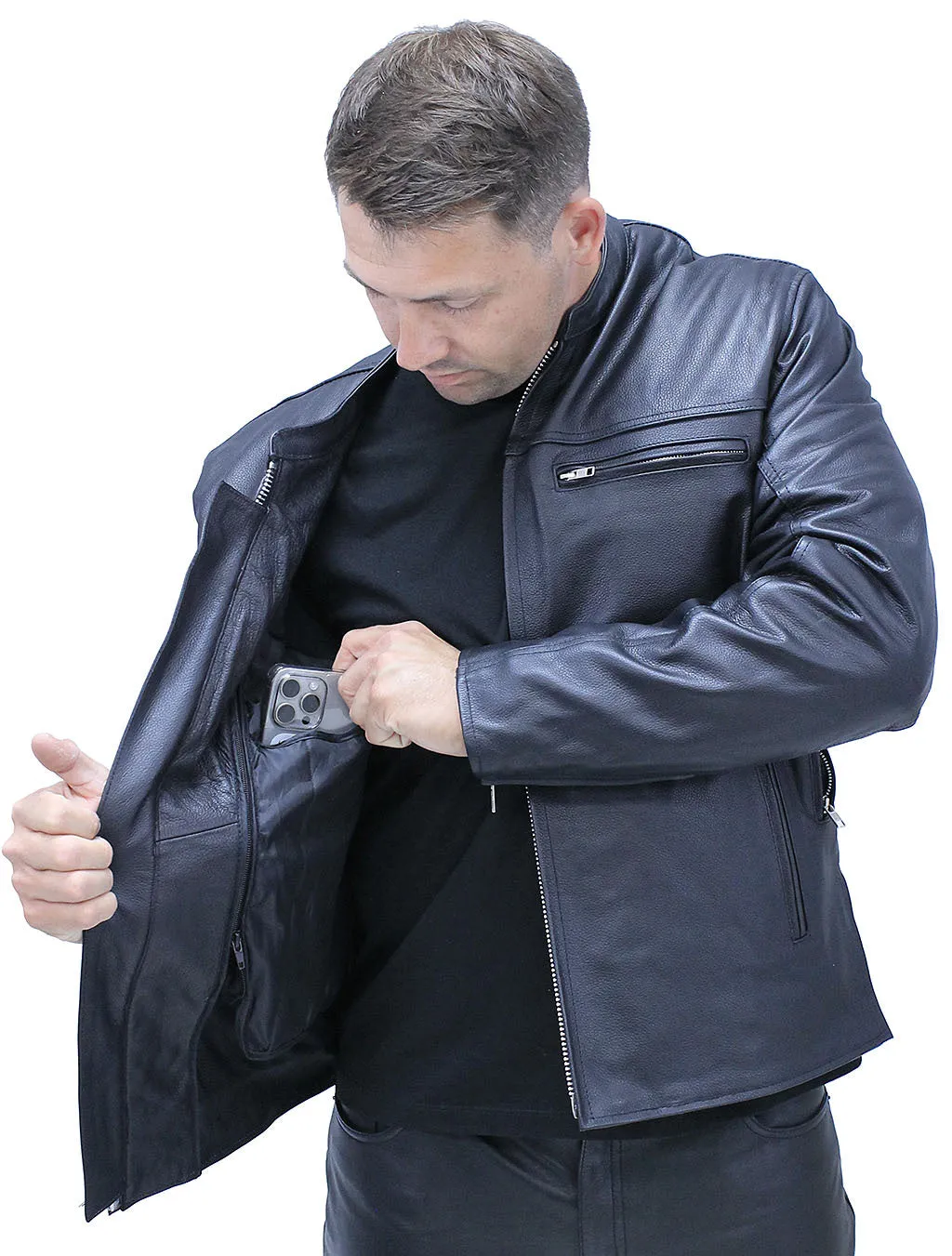 Men's Vented Café Racer Motorcycle Jacket w/Concealed Pocket #M6638VZGK