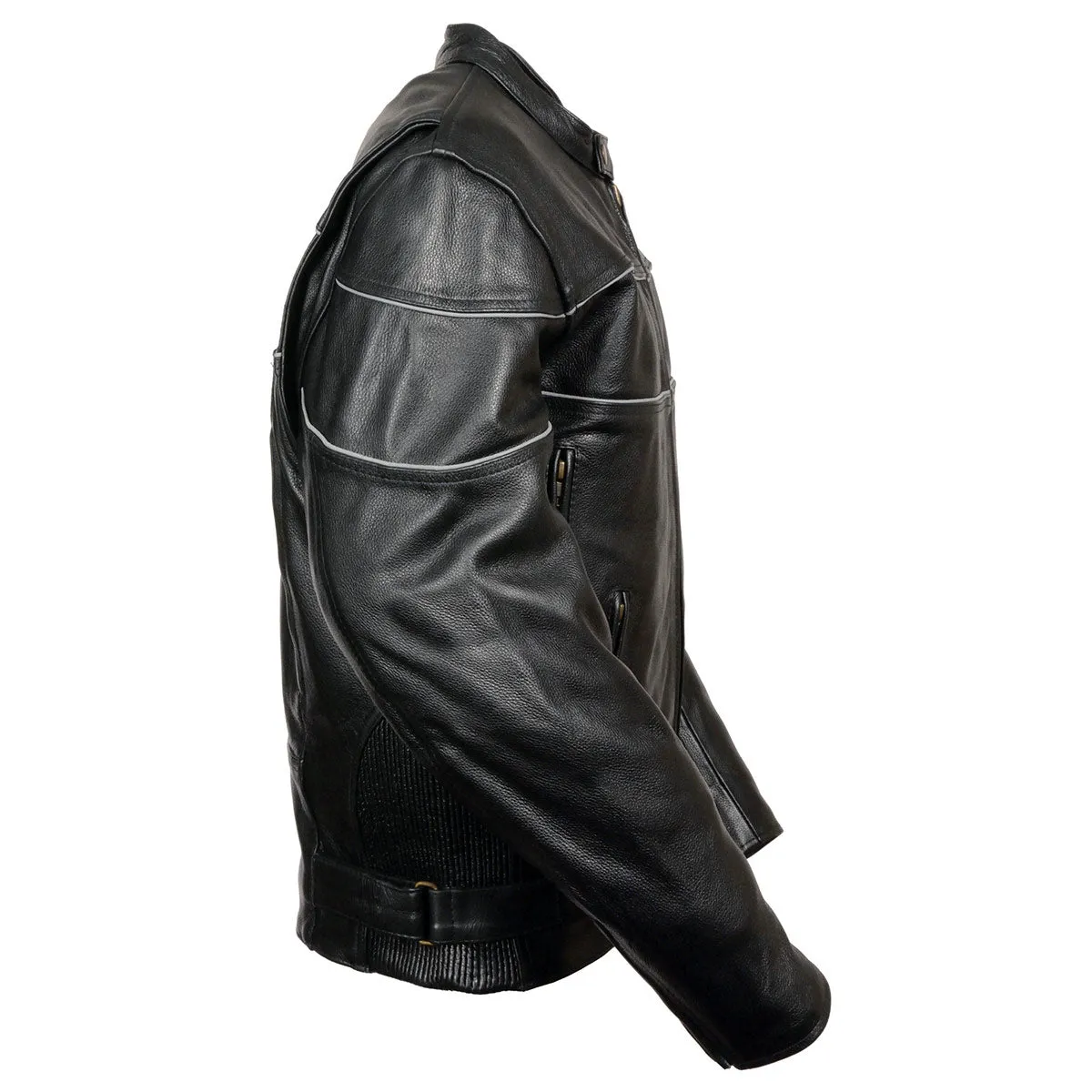 Milwaukee Leather LKM1785 Mens Black Leather Racer Style Motorcycle Jacket w/ Side Stretch and Reflective Piping