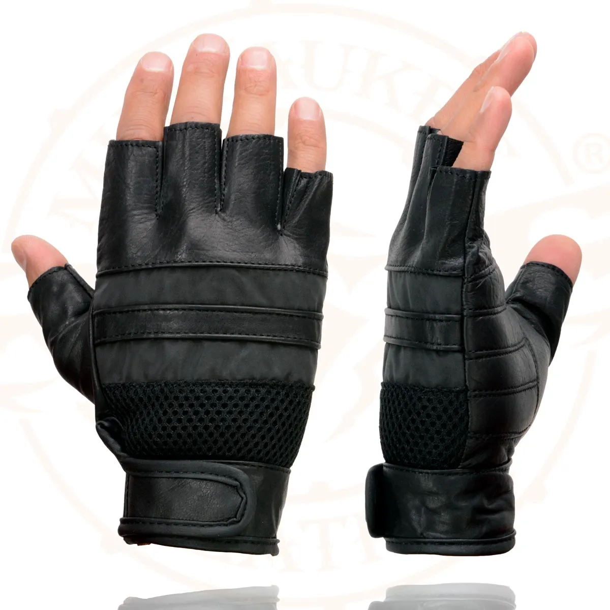 Milwaukee Leather MG7548 Men's Black Leather Mesh Gel Palm Fingerless Motorcycle Hand Gloves W/ ‘Reflective Bands’