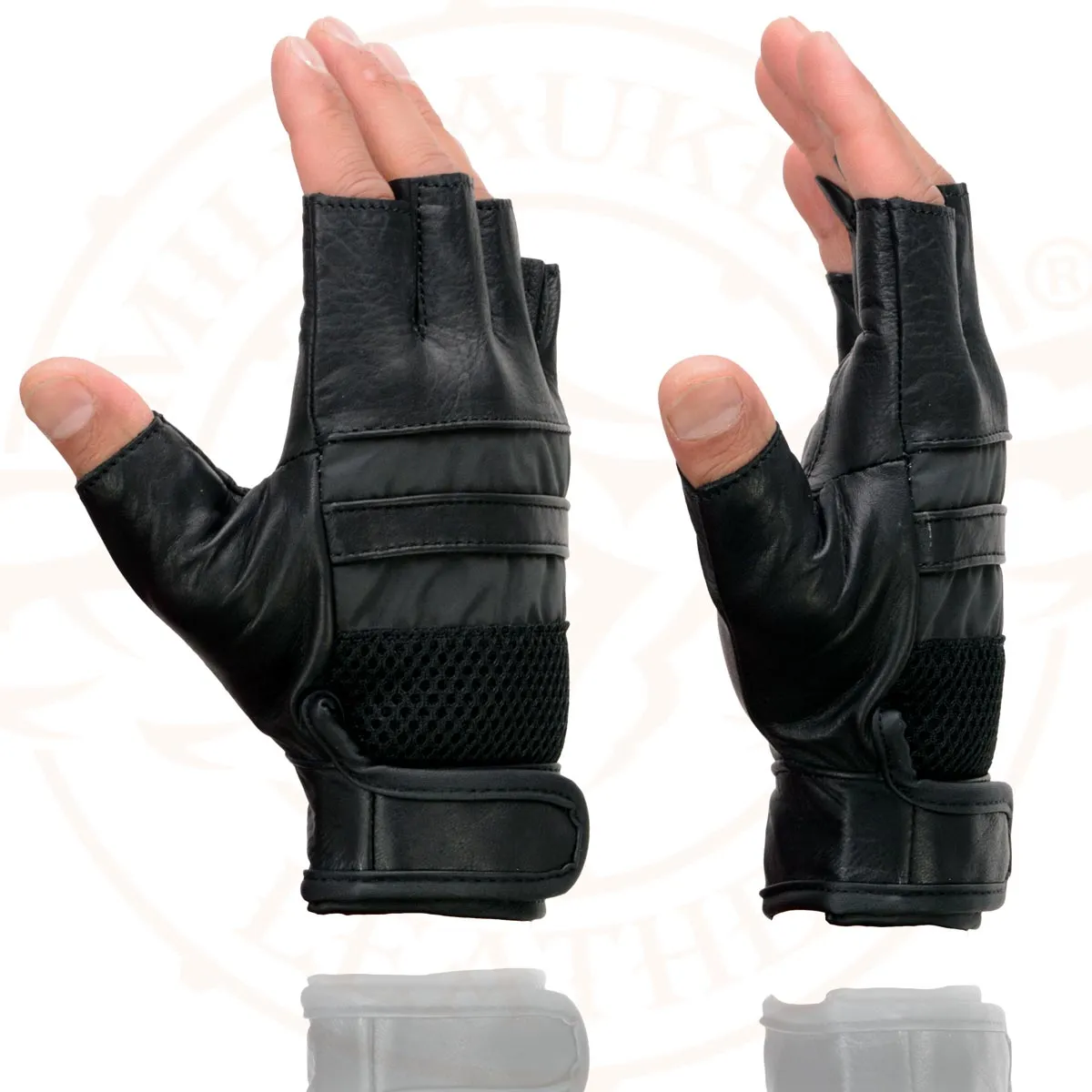 Milwaukee Leather MG7548 Men's Black Leather Mesh Gel Palm Fingerless Motorcycle Hand Gloves W/ ‘Reflective Bands’