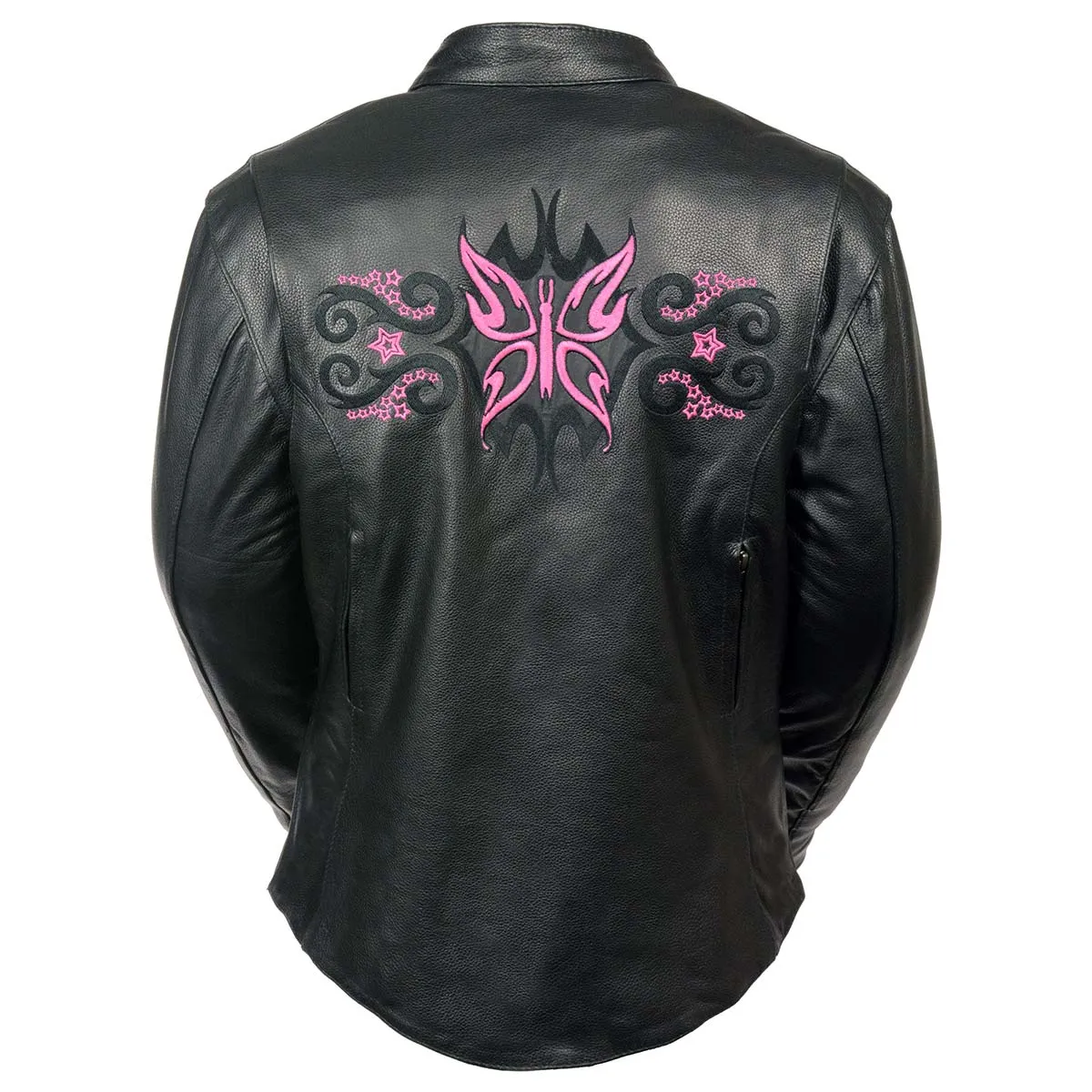 Milwaukee Leather ML2071 Ladies Black Leather Jacket with Fuchsia Butterfly Design