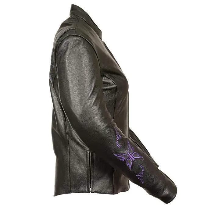 Milwaukee Leather ML2071 Women's Black Leather Jacket with Purple Butterfly Design