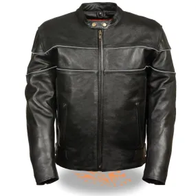 Milwaukee Leather SH1785 Men's Black Leather Scooter Style Motorcycle Jacket w/ Side Stretch and Reflective Piping