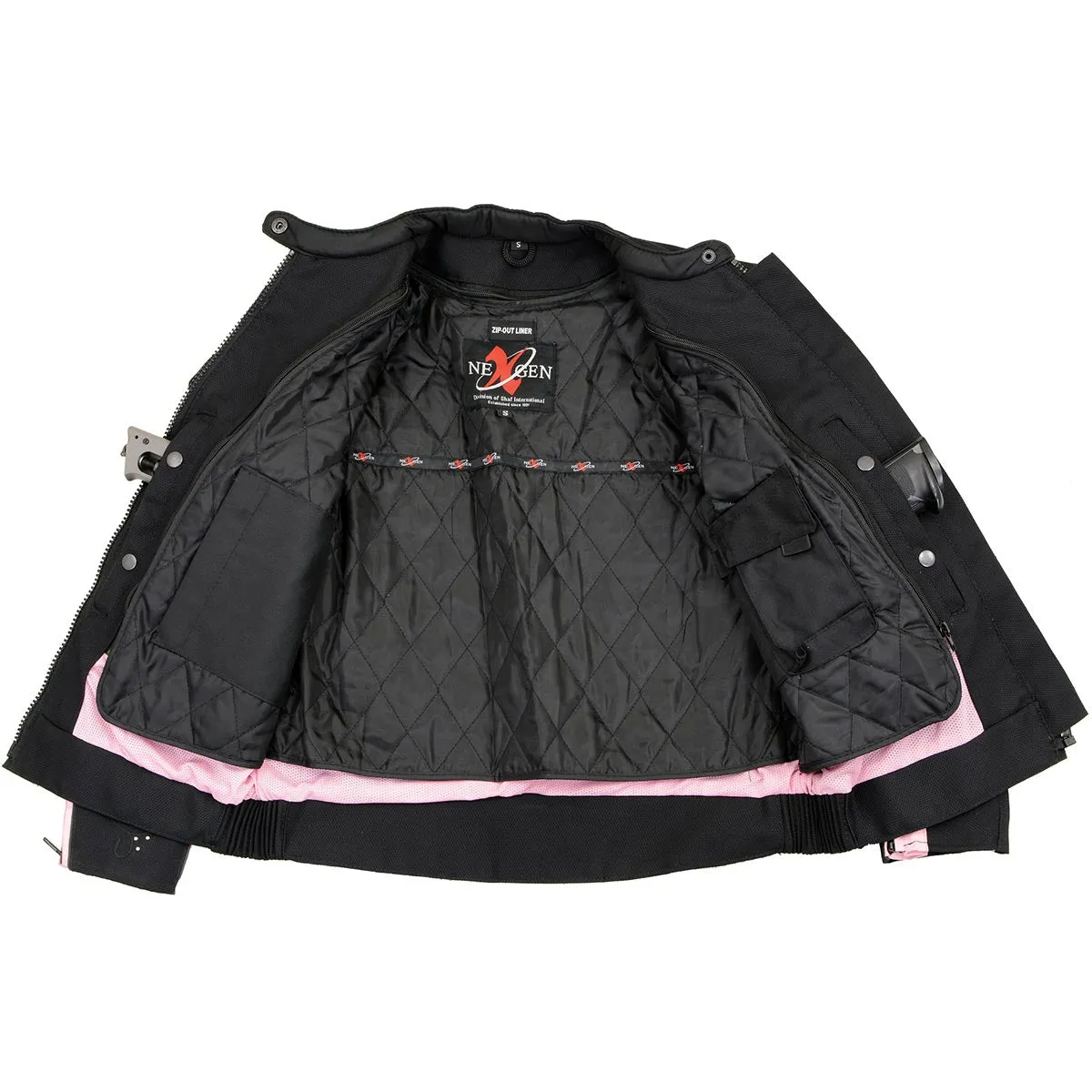 Milwaukee Leather SH1954 Women's Black and Pink Textile Jacket with Stud and Wings Detailing