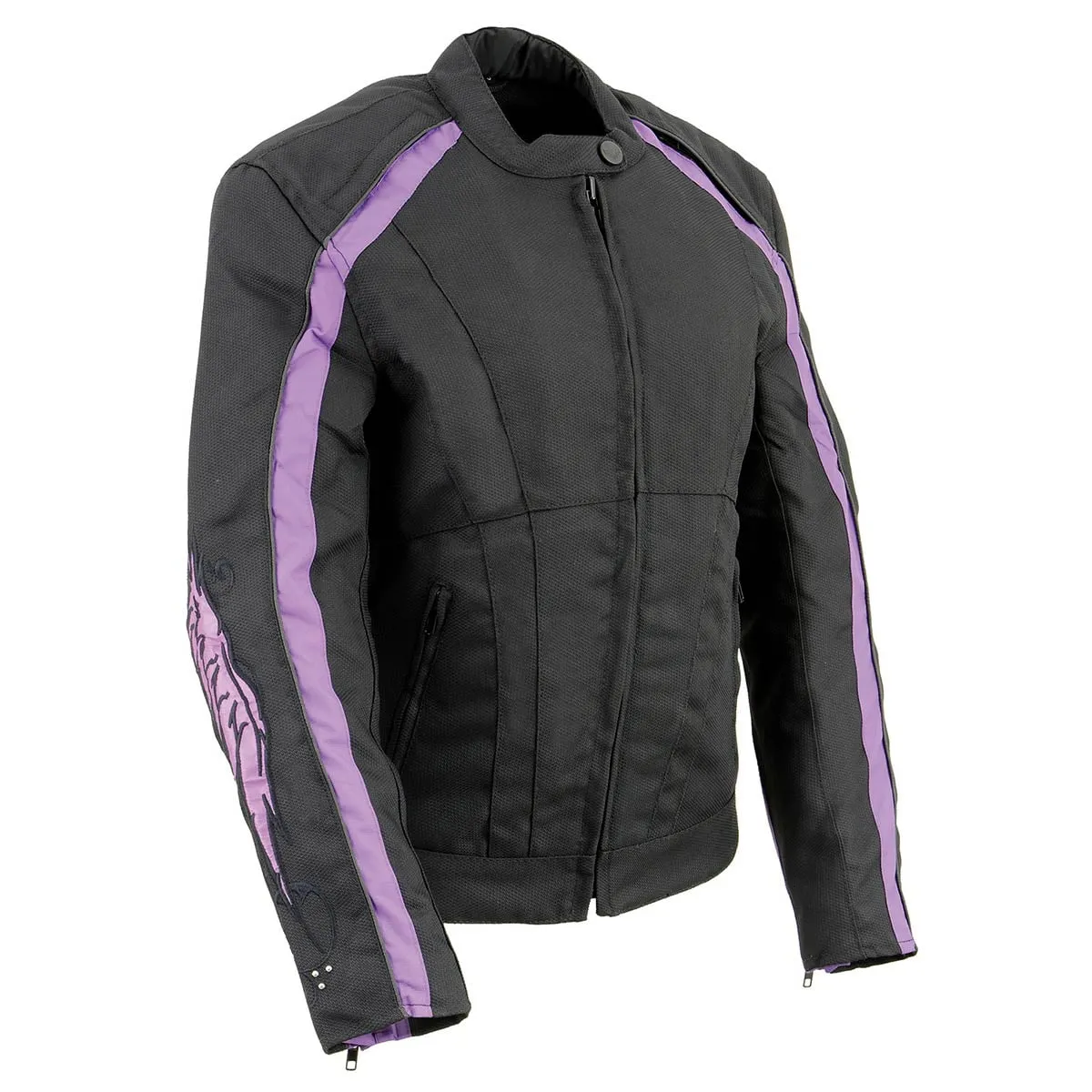 Milwaukee Leather SH1954 Women's Black and Purple Textile Jacket with Stud and Wings Detailing