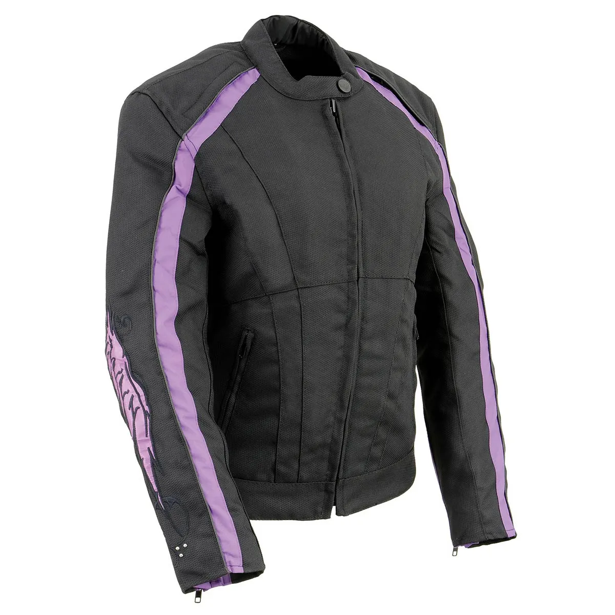 Milwaukee Leather SH1954 Women's Black and Purple Textile Jacket with Stud and Wings Detailing