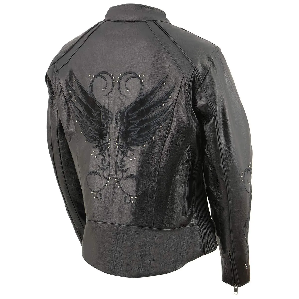 Milwaukee Leather X1952 Women's Embroidered Wing and Stud Design Black Leather Scooter Jacket