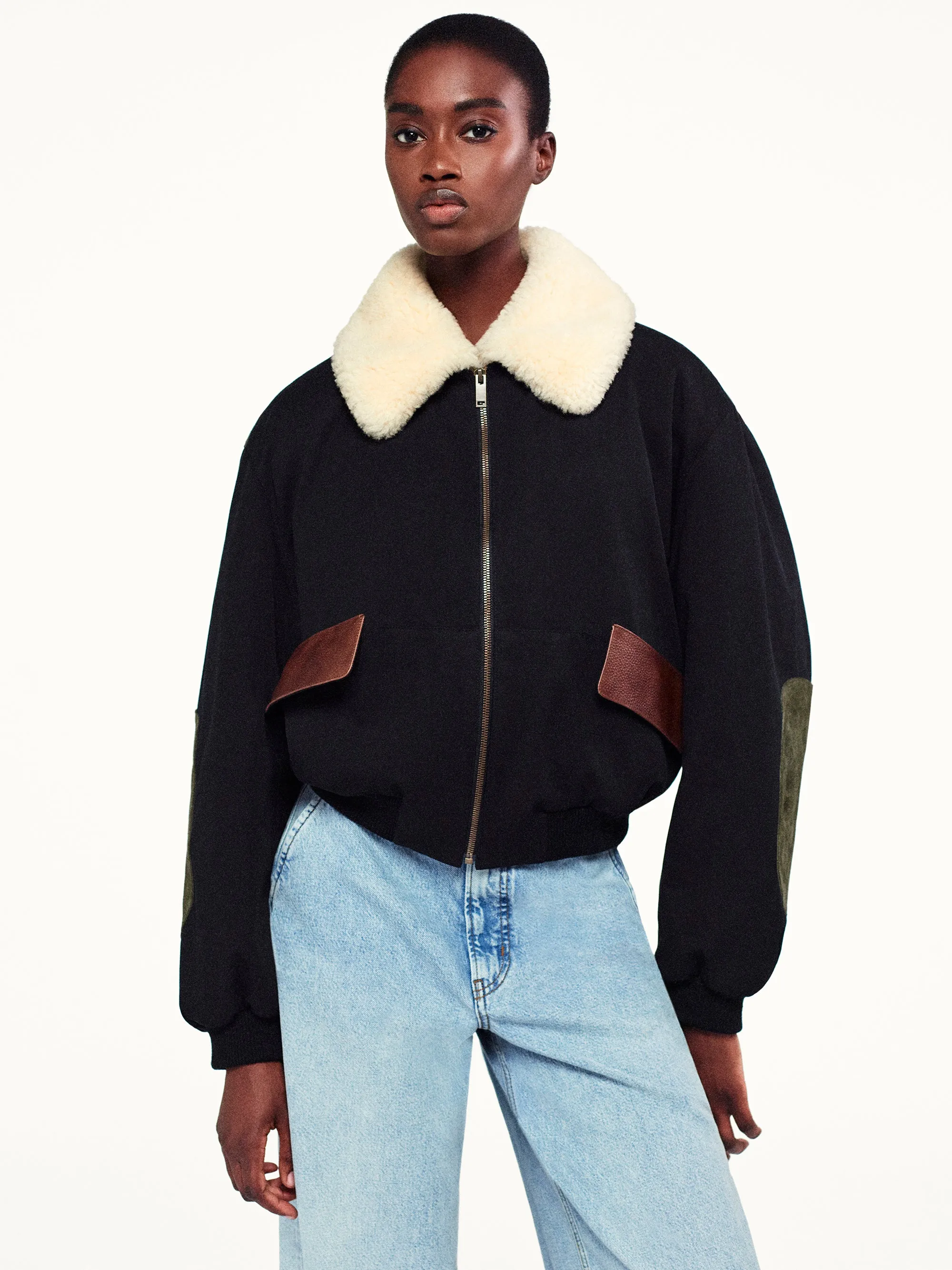 Mixed Leather Bomber -- Black