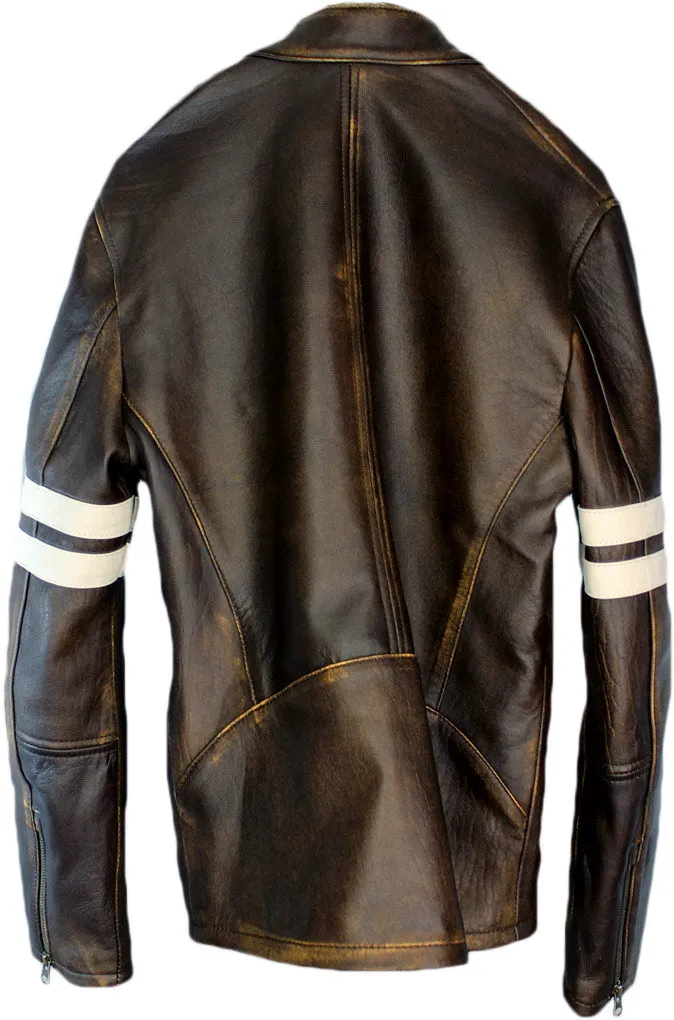 MUSTANG Leather Jacket Distressed Brown - Cafe Racer Stripes