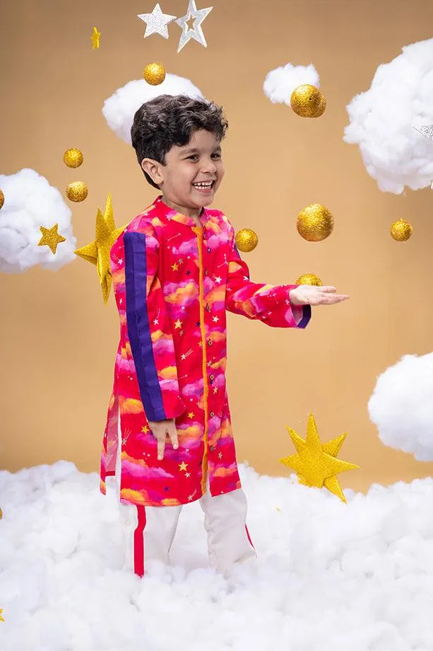 Mysteries Of Dawn Pink Printed Kurta and Off-White Pants Set for Boys