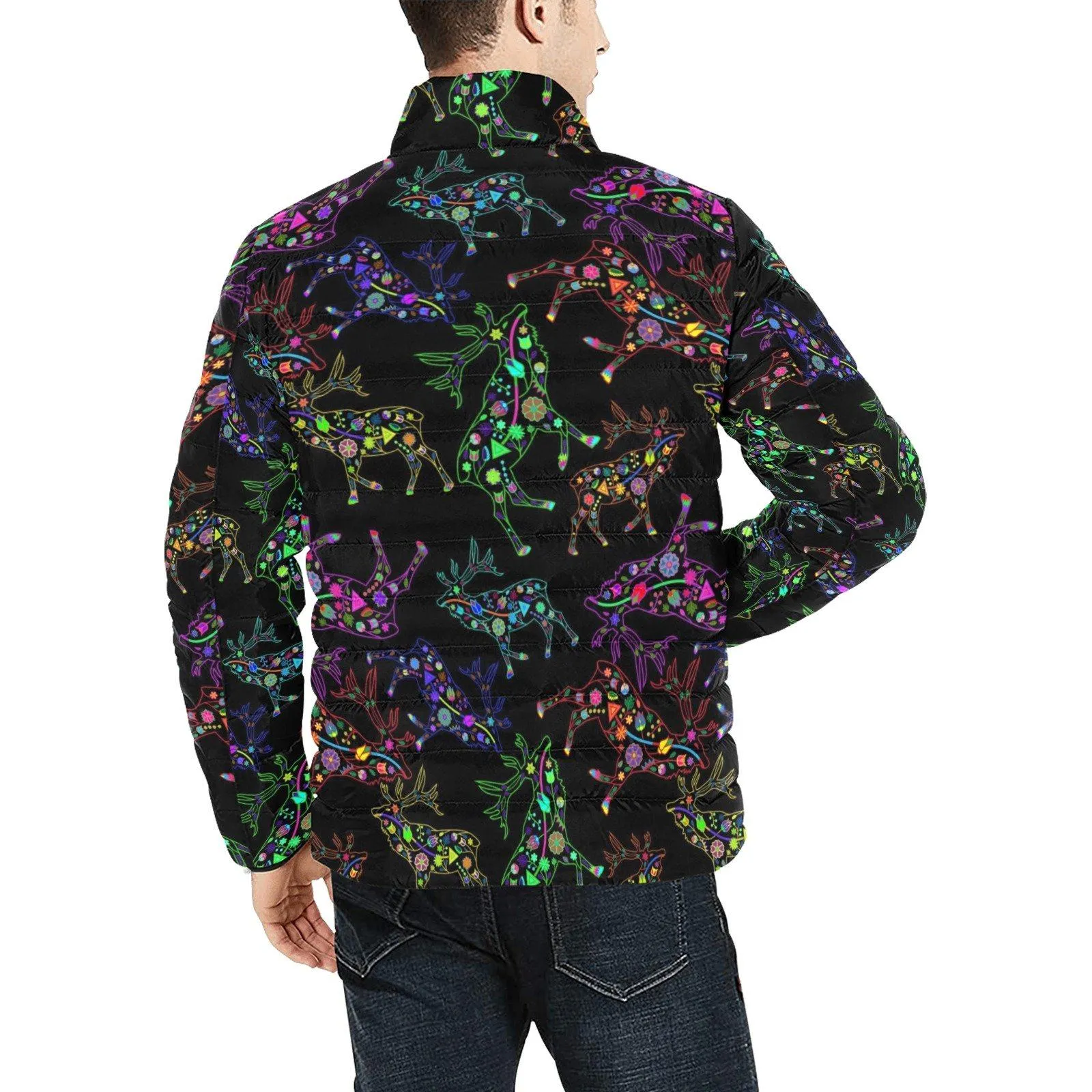 Neon Floral Elks Men's Stand Collar Padded Jacket