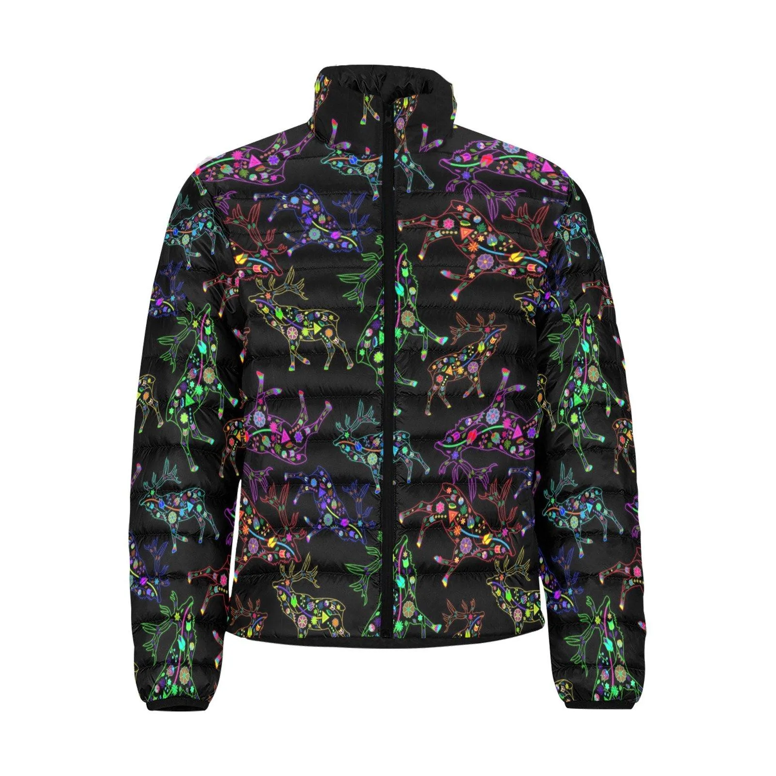 Neon Floral Elks Men's Stand Collar Padded Jacket