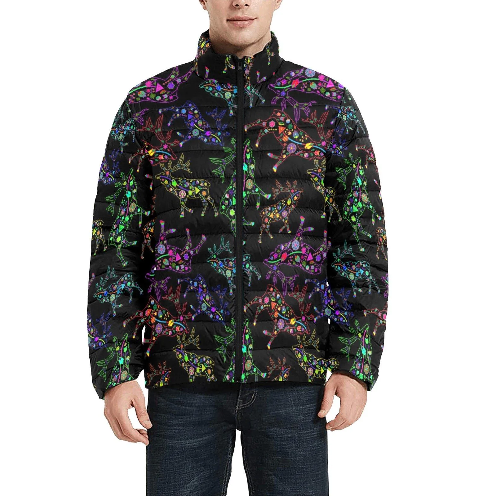 Neon Floral Elks Men's Stand Collar Padded Jacket