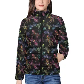 Neon Floral Horses Women's Stand Collar Padded Jacket