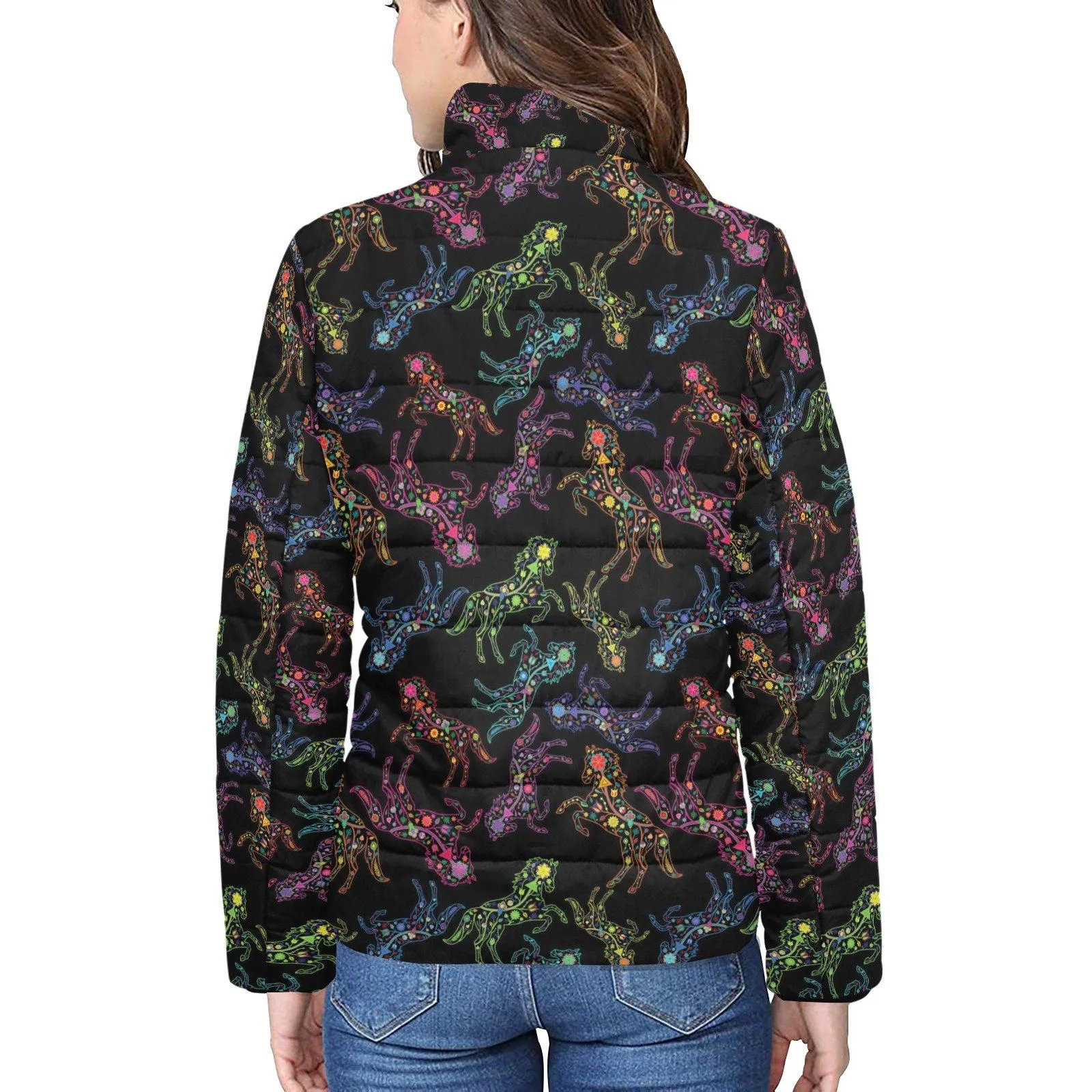 Neon Floral Horses Women's Stand Collar Padded Jacket