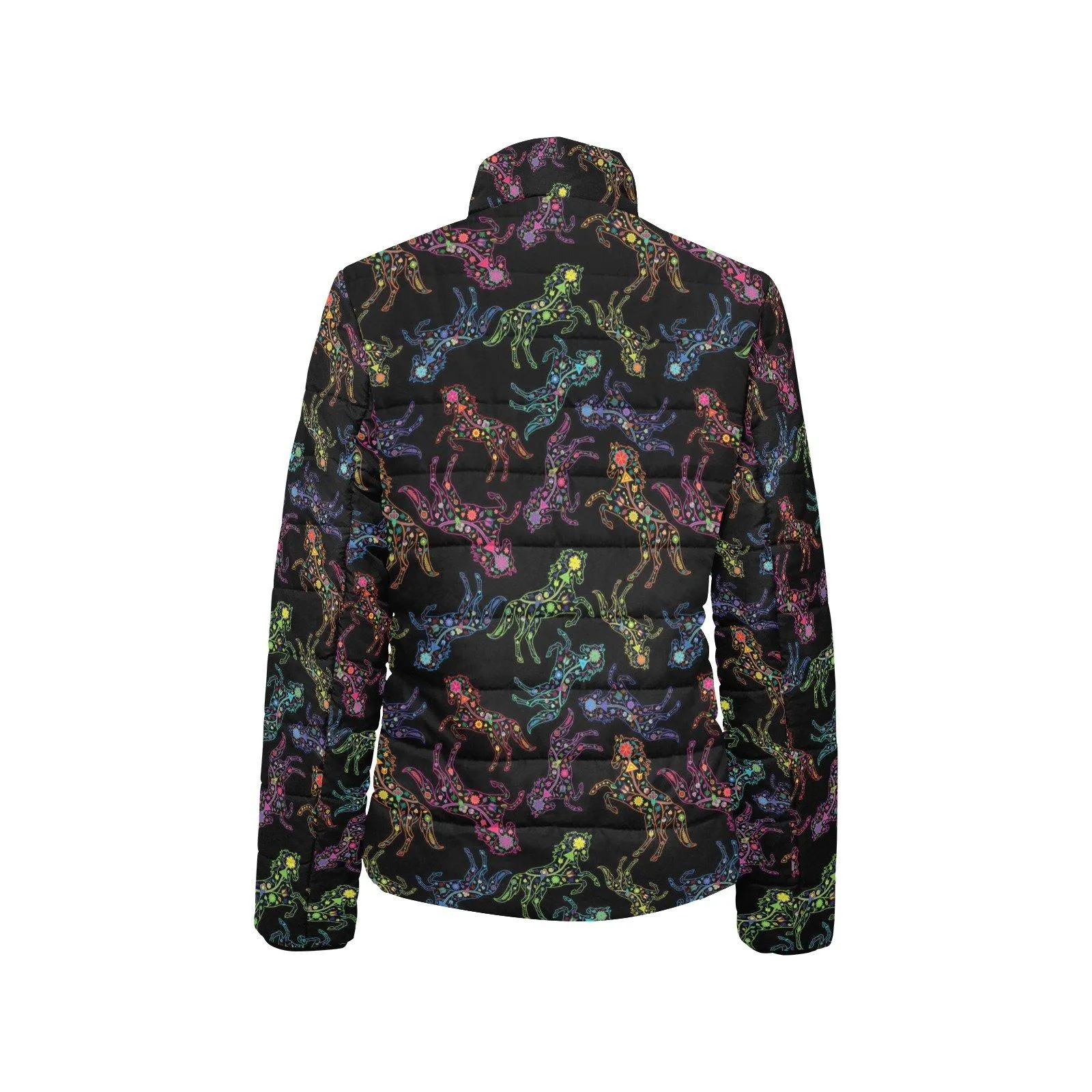 Neon Floral Horses Women's Stand Collar Padded Jacket