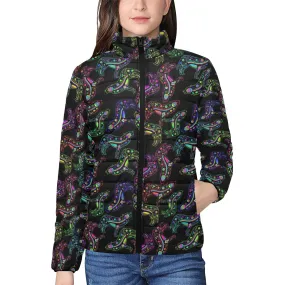 Neon Floral Wolves Women's Stand Collar Padded Jacket