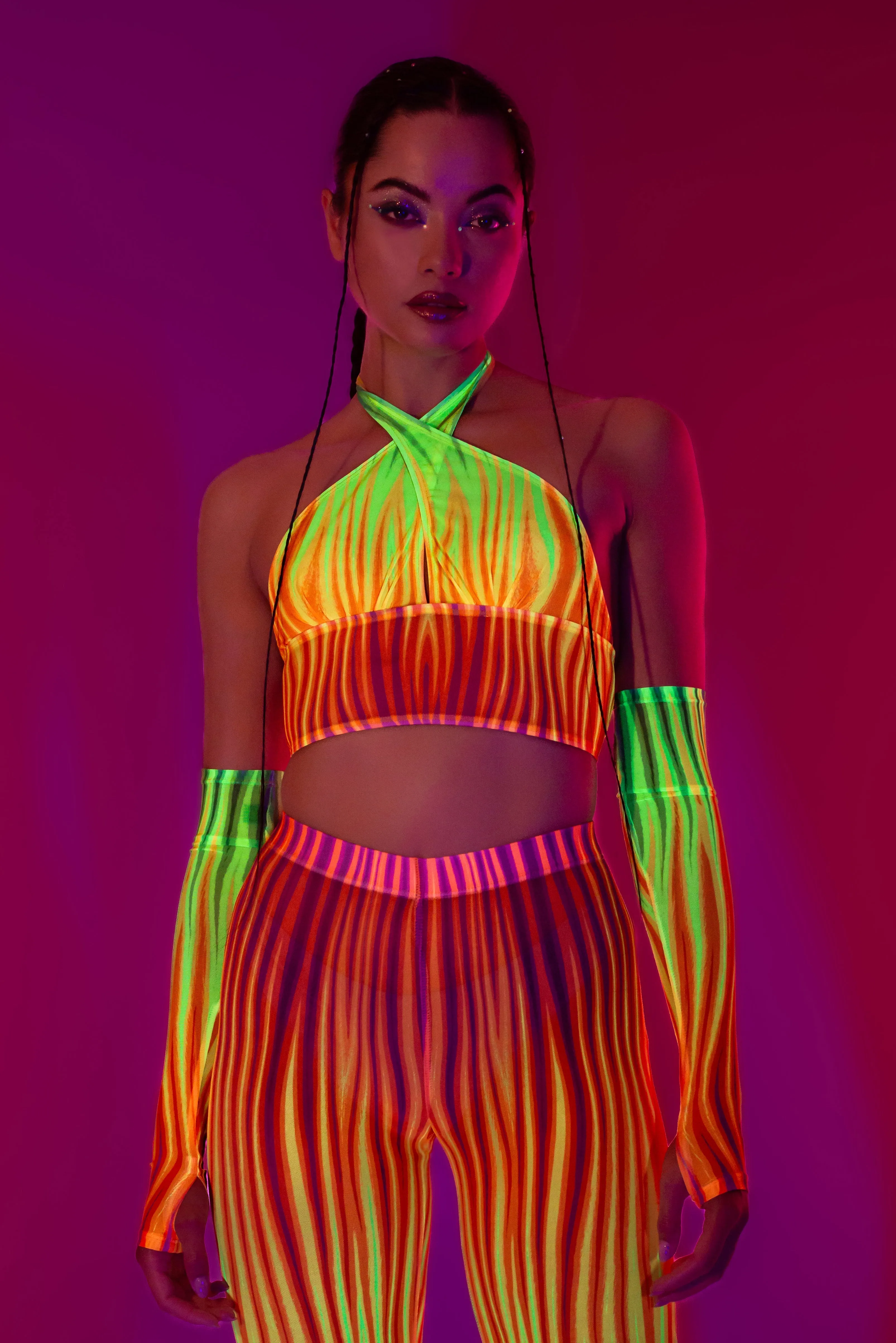 Neon Rainbow Flame Criss Cross Mesh Top