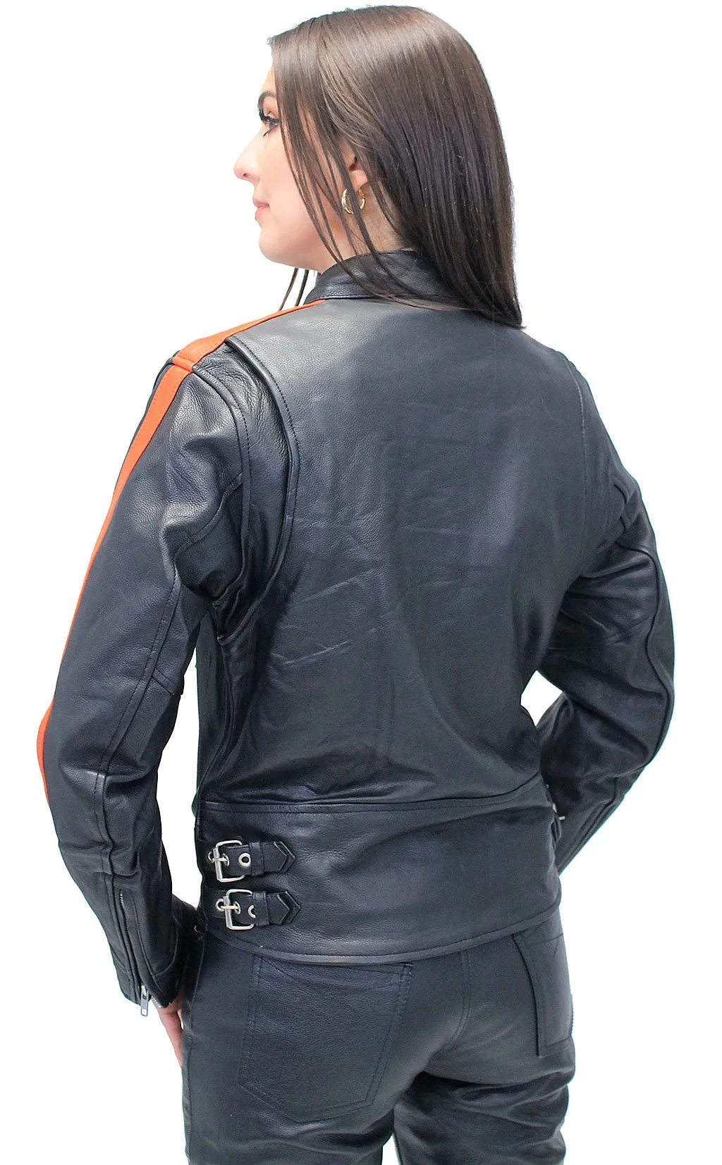 Orange Strip Women's Leather Motorcycle Jacket #L654416ZO ()