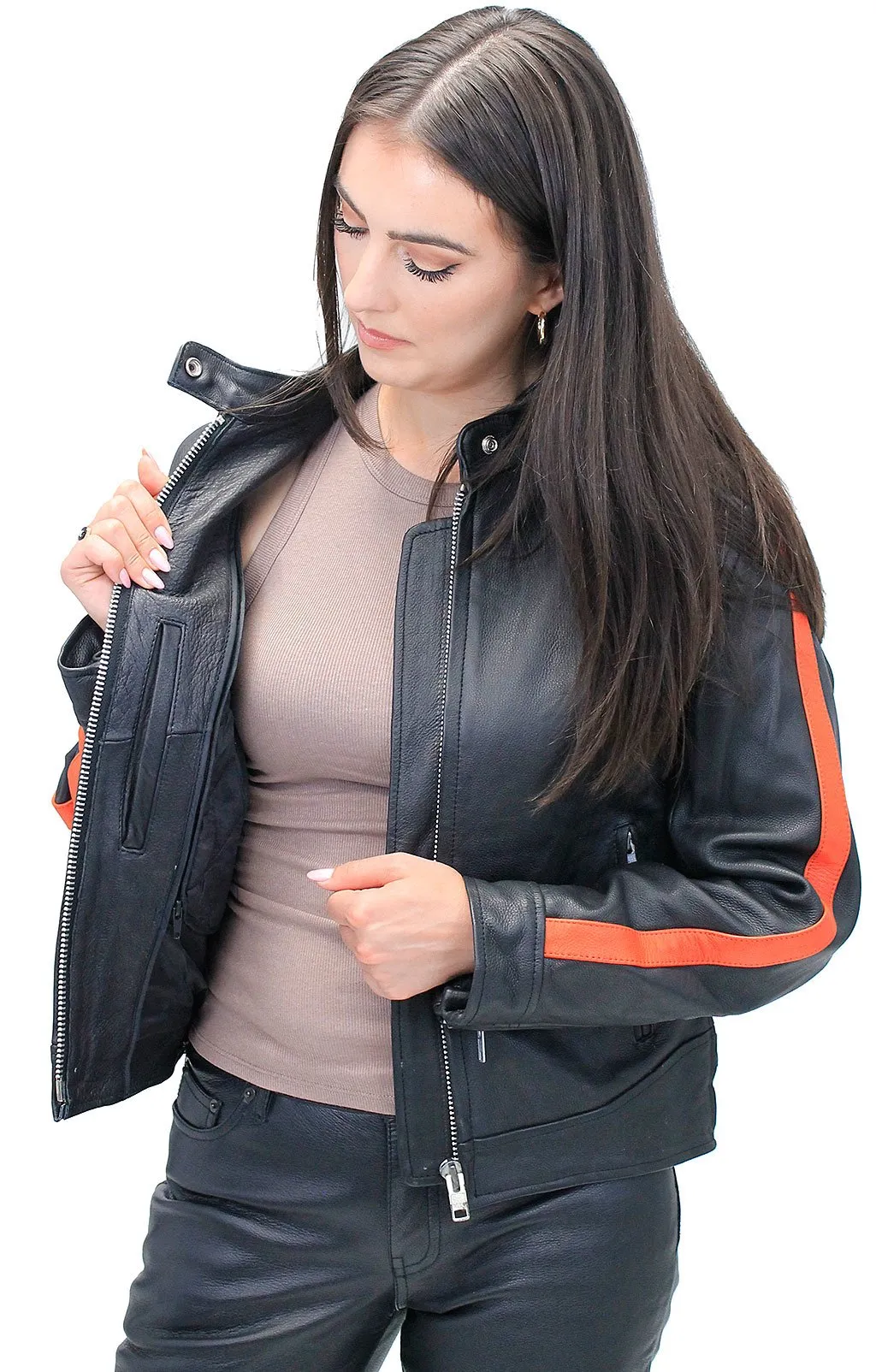 Orange Strip Women's Leather Motorcycle Jacket #L654416ZO ()