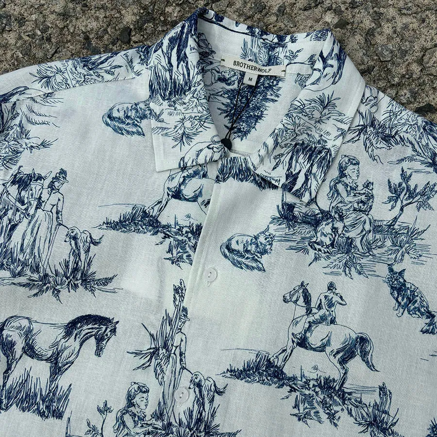 Porcelain Print Short Sleeve Shirt - Blue Animals Print