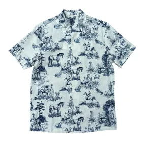 Porcelain Print Short Sleeve Shirt - Blue Animals Print