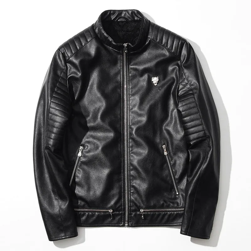 Punk Biker Style Men PU Leather Jacket with Shoulder Stitched Work Detail