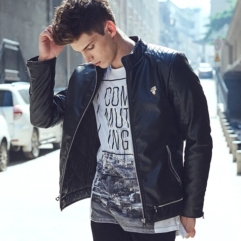 Punk Biker Style Men PU Leather Jacket with Shoulder Stitched Work Detail