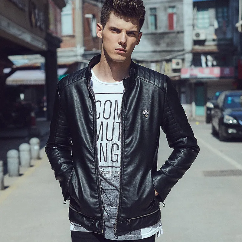 Punk Biker Style Men PU Leather Jacket with Shoulder Stitched Work Detail