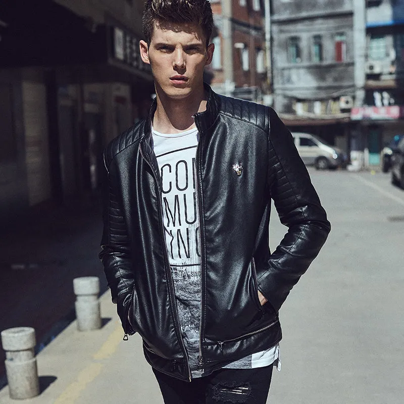 Punk Biker Style Men PU Leather Jacket with Shoulder Stitched Work Detail