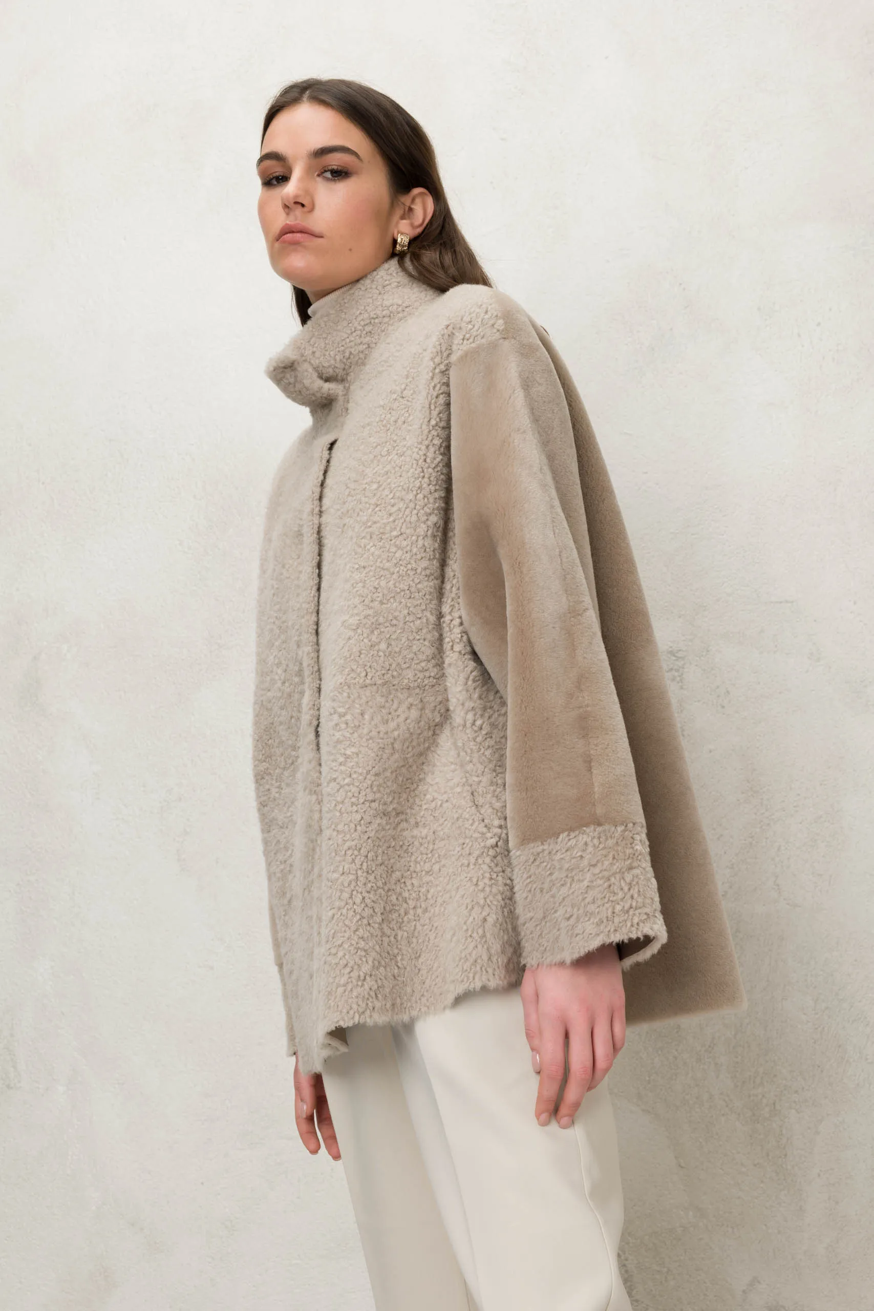 "Suprema" Sand Merino Shearling Jacket w/ Reversible Leather - Size 44