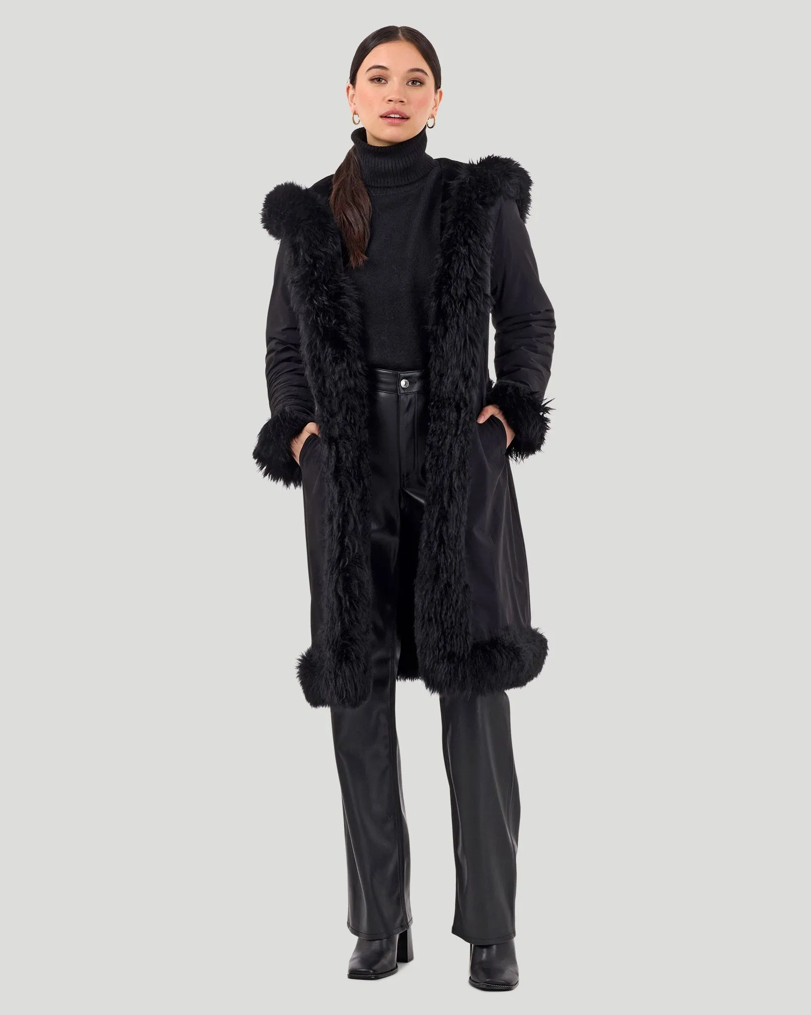 Reversible Select Shearling Lamb Parka with Long Hair Merino Trim and Belt