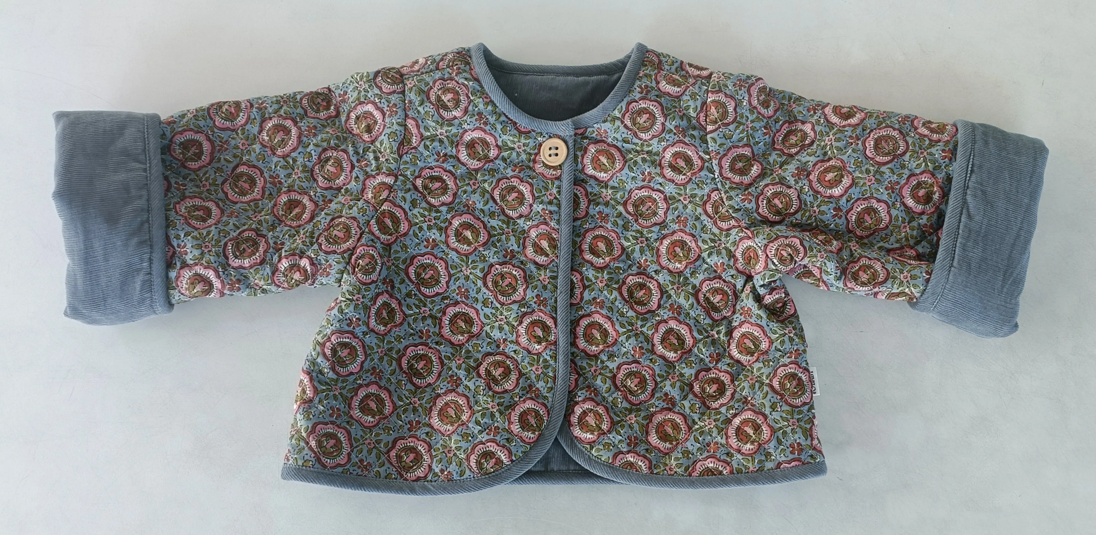 Reversible Solid Grey Corduroy & Grey Floral Print Quilted Long Sleeve Jacket