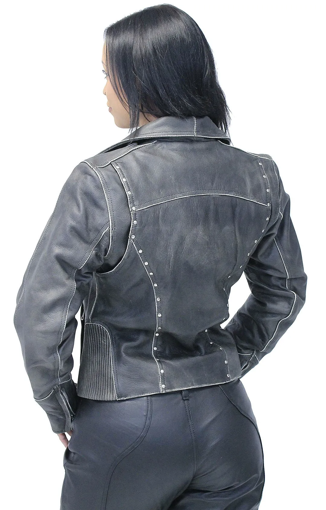 Rivet Trim Vintage Leather Motorcycle Jacket for Women #LA4041ZRDN ()