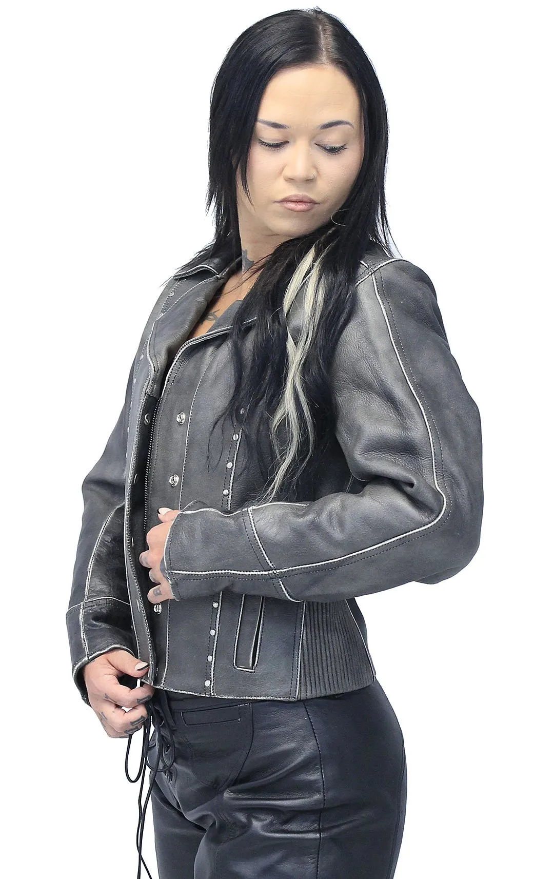 Rivet Trim Vintage Leather Motorcycle Jacket for Women #LA4041ZRDN ()