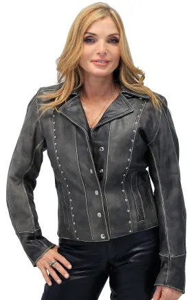 Rivet Trim Vintage Leather Motorcycle Jacket for Women #LA4041ZRDN ()