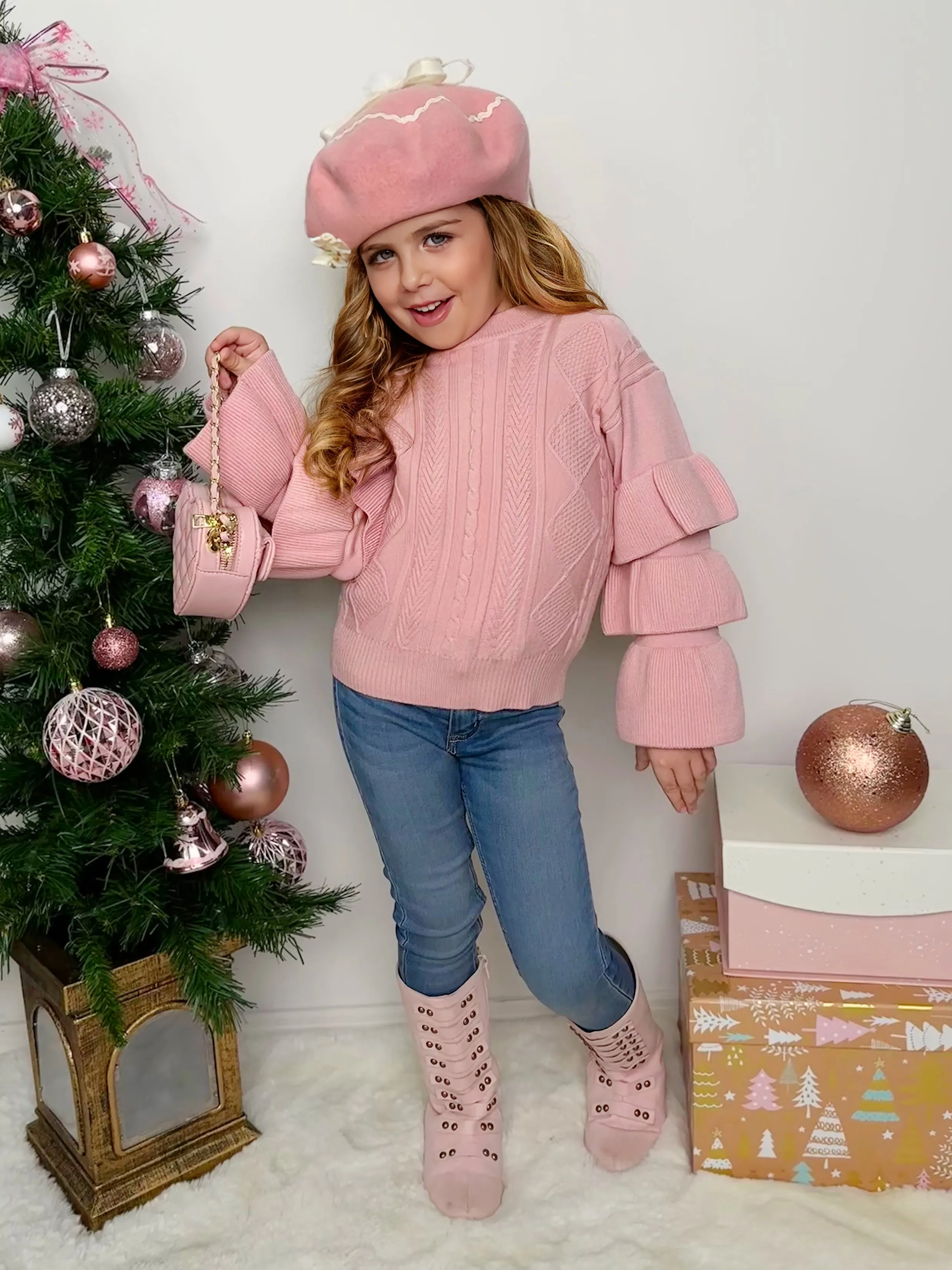 Rose Pink Tiered Sleeve Cable Knit Sweater