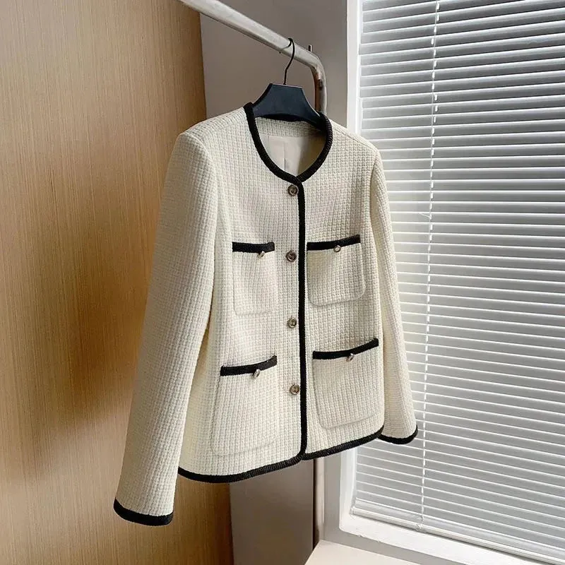 S-3Xl Elegant Tweed Jacket Women Black Cropped Quilted Coat Vintage Patchwork Outerwear Winter Ladies Commute Short Blazer