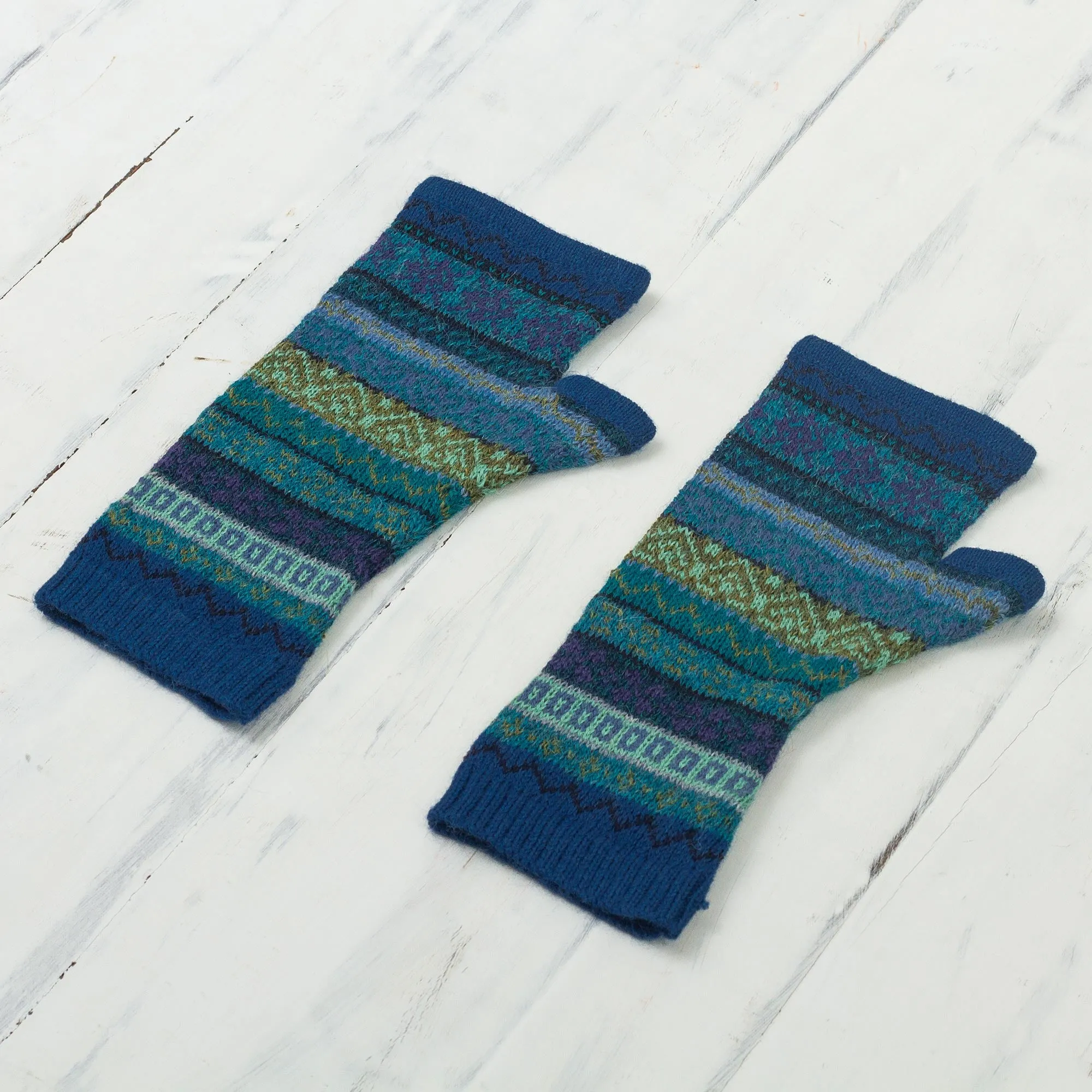 Sea Dreams Shades of Blue and Green 100% Alpaca Knit Fingerless Mitts