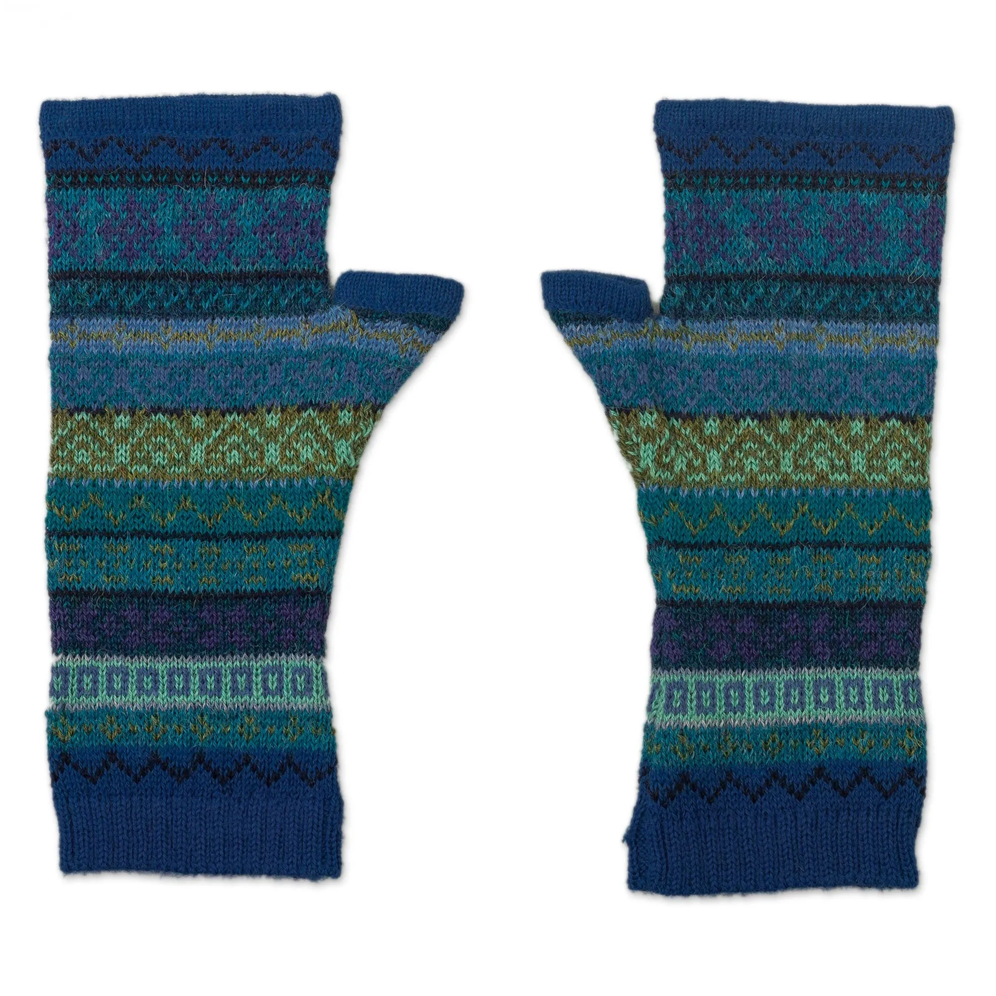 Sea Dreams Shades of Blue and Green 100% Alpaca Knit Fingerless Mitts