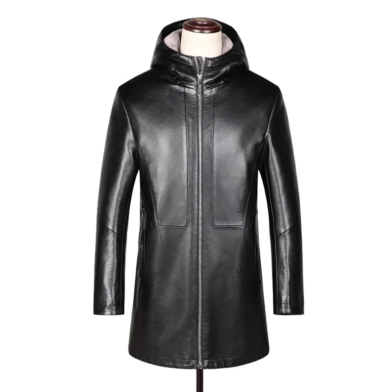 Sewn Mens Fur Lined 3/4 Length Hooded Leather Coat