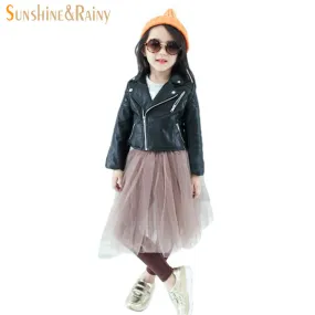 Spring & Autumn Fashion Kids Leather Jacket Girls PU Jacket Children Leather Outwear For Girl Baby Girl Jackets and Coats 2~7 T