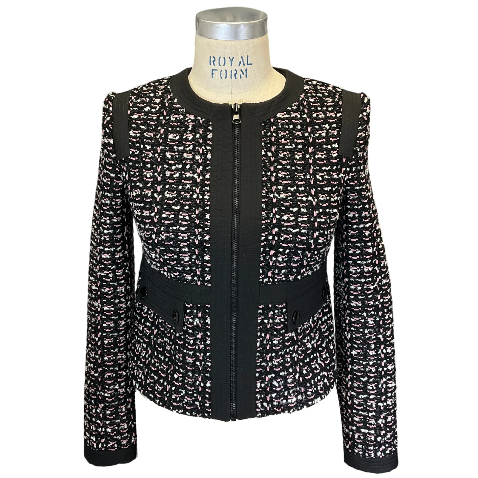 St. John Black / White / Pink 2023 Sequined Full Zip Tweed Jacket