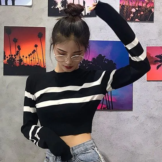 Striped Long-Sleeve Crop Sweater