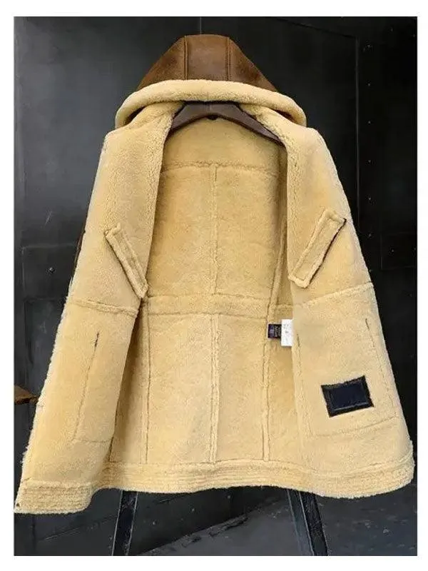 Stylish and Warm Hooded Sheepskin Shearling Leather Jacket