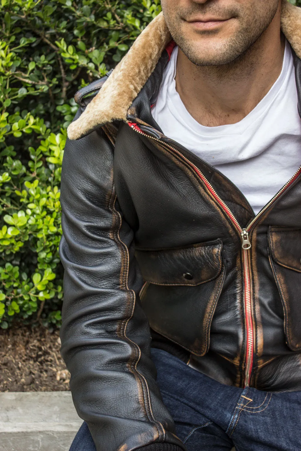 TOPD Pilot Leather Jacket Shearling Collar Distressed Brown