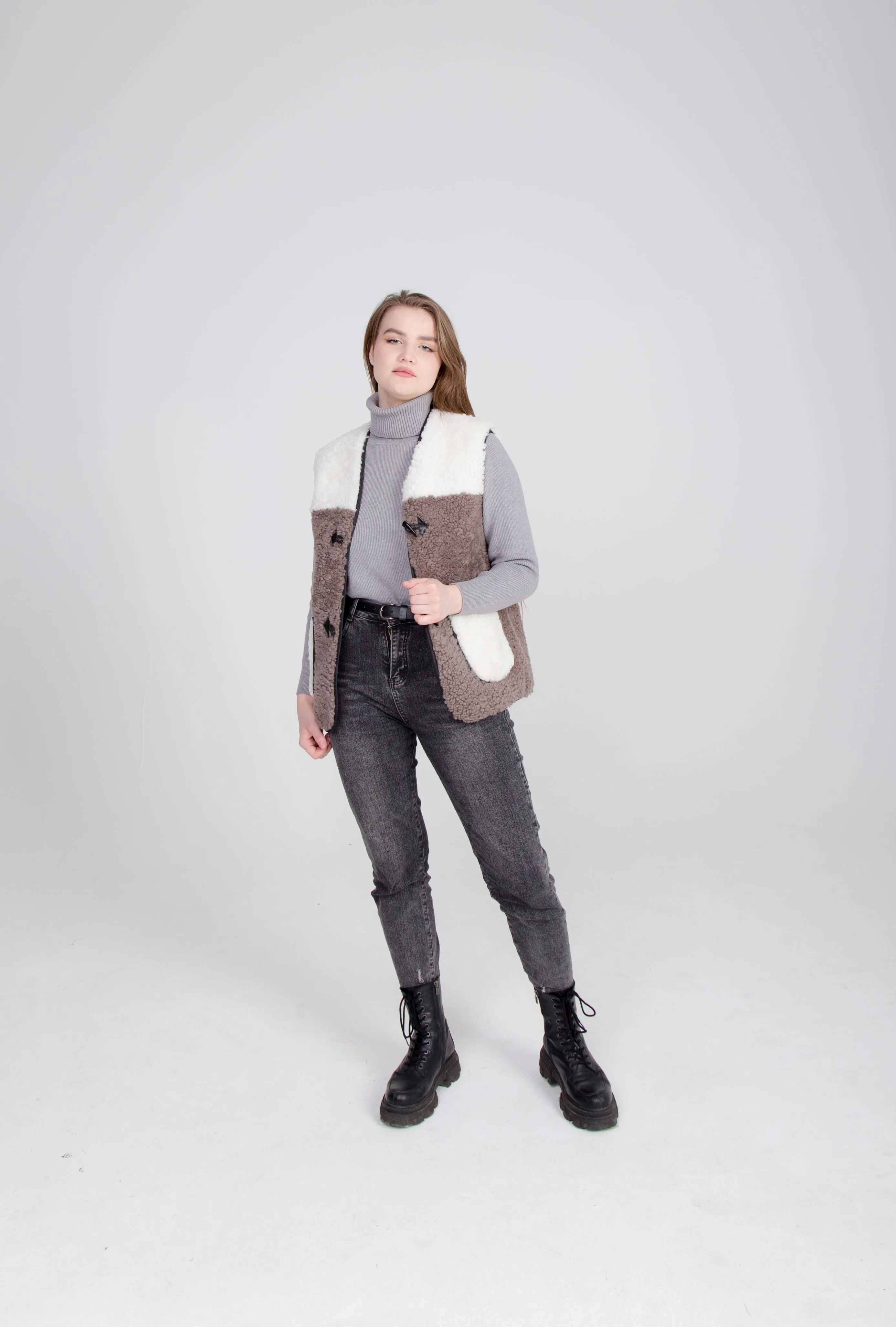 Two-Colored Brown Womens Shearling Vest with Leather Patch Buckle Buttons