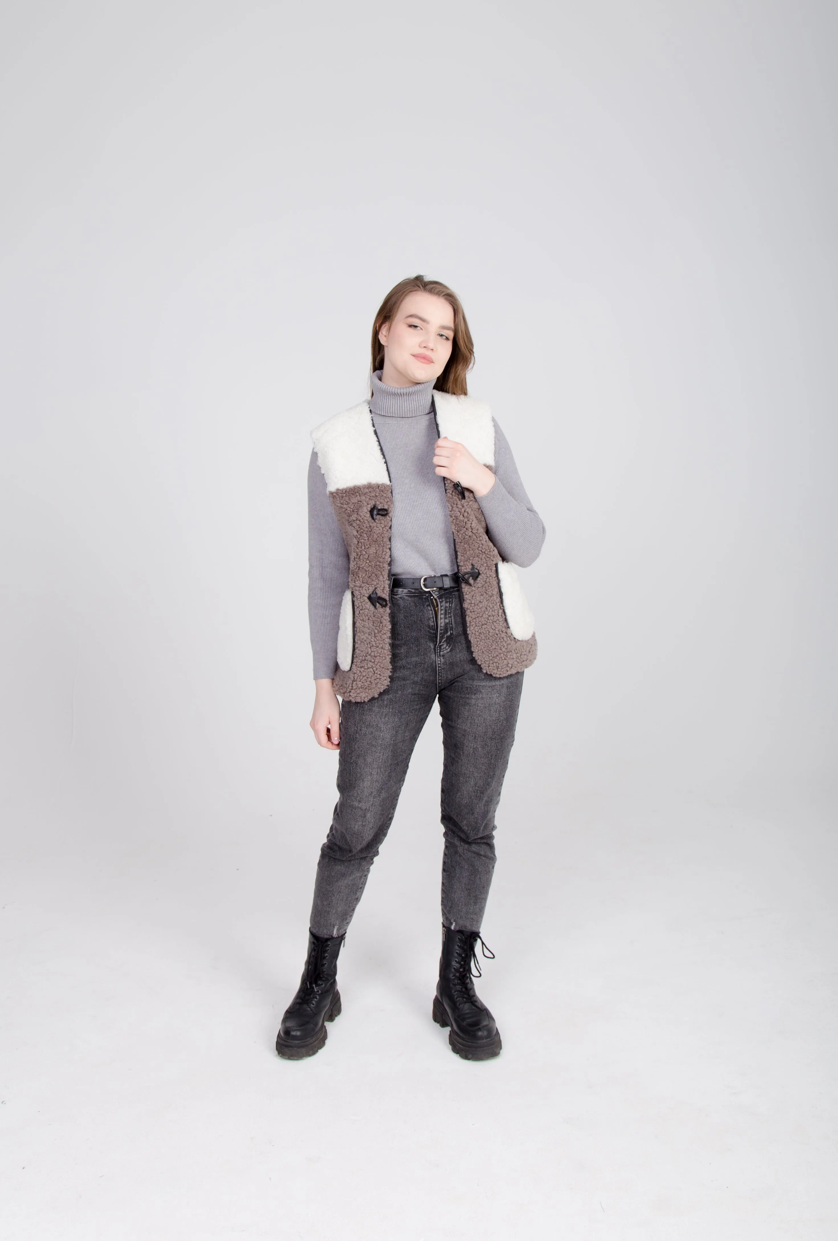 Two-Colored Brown Womens Shearling Vest with Leather Patch Buckle Buttons