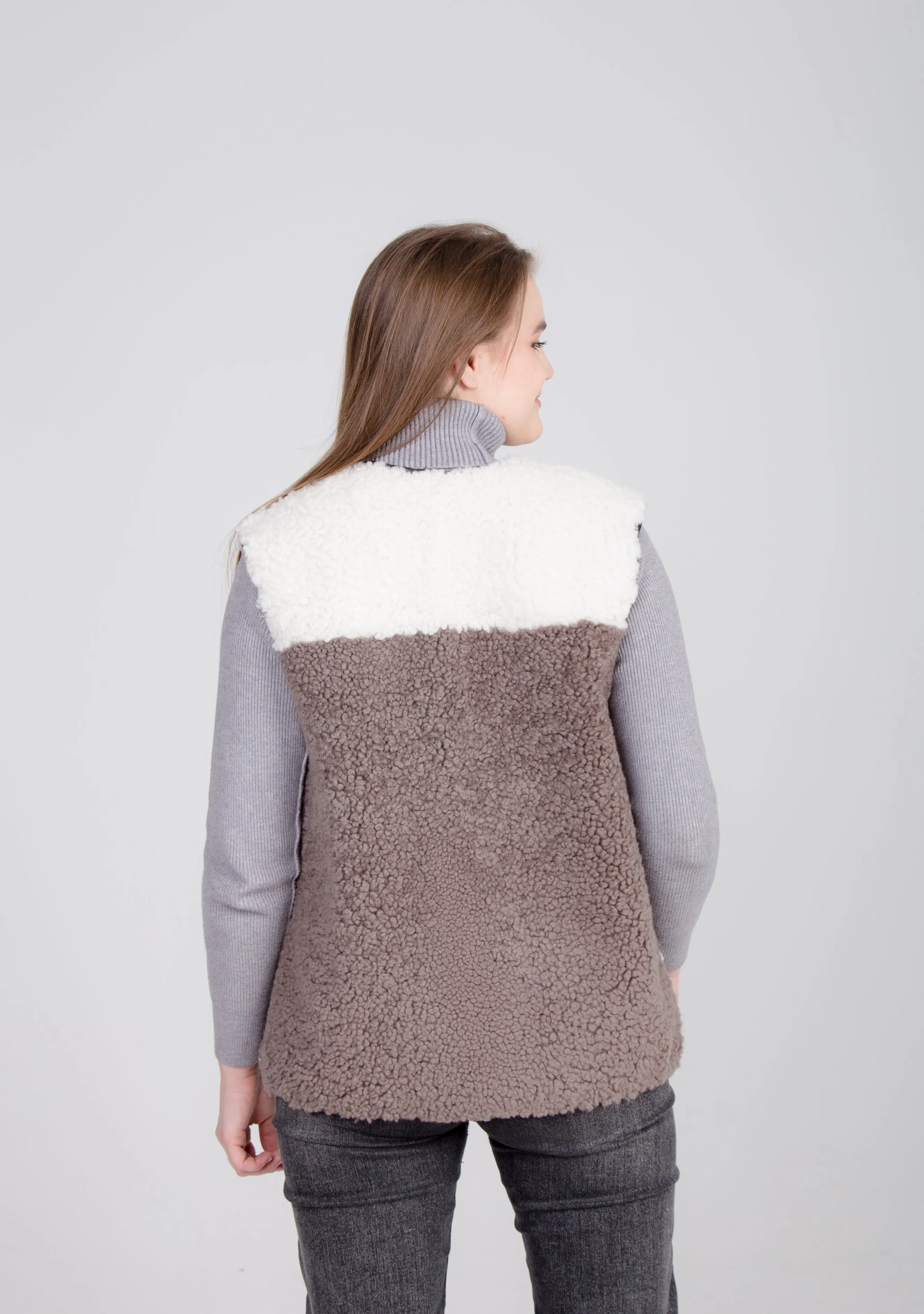 Two-Colored Brown Womens Shearling Vest with Leather Patch Buckle Buttons