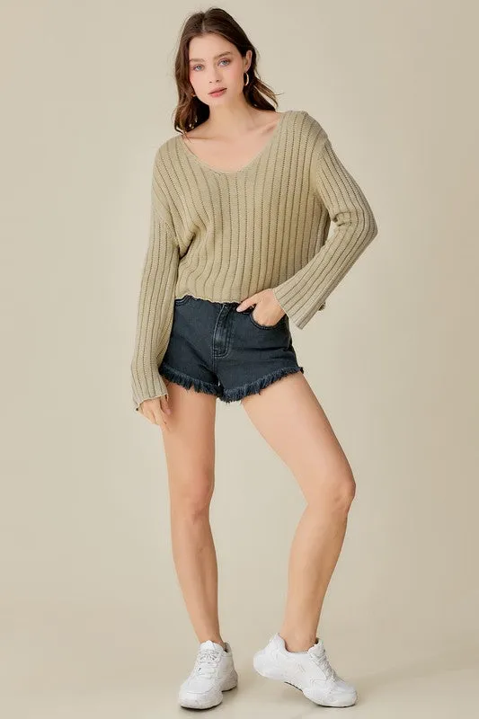 V NECK WASHED CROP SWEATER